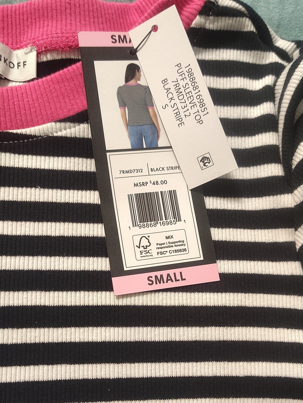 Rebecca Minkoff Black & White Striped Tee with Pink Trim Puffed Sleeves - Picture 2 of 6